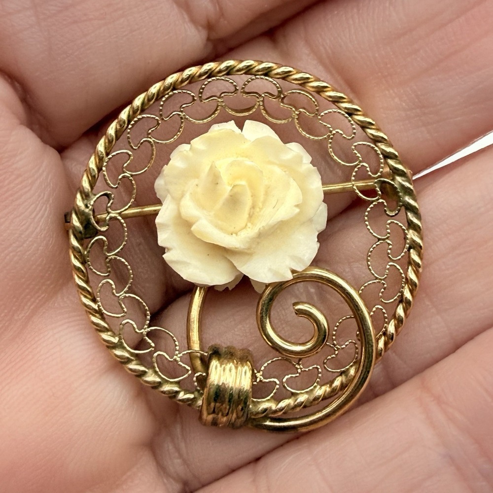 12K Gold Filled Brooch Pin Carved Cream Rose Flower Filigree Circle 1/20 12KT GF